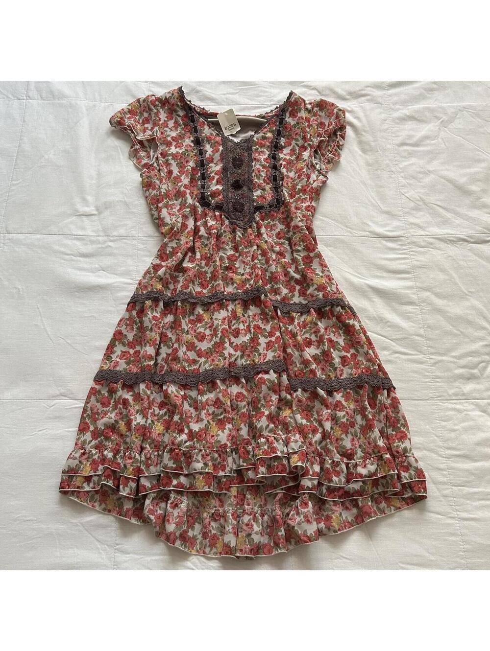 Axes Femme NWT Red Pink Rose Floral Tiered Lace Knee Length Dress M Japan